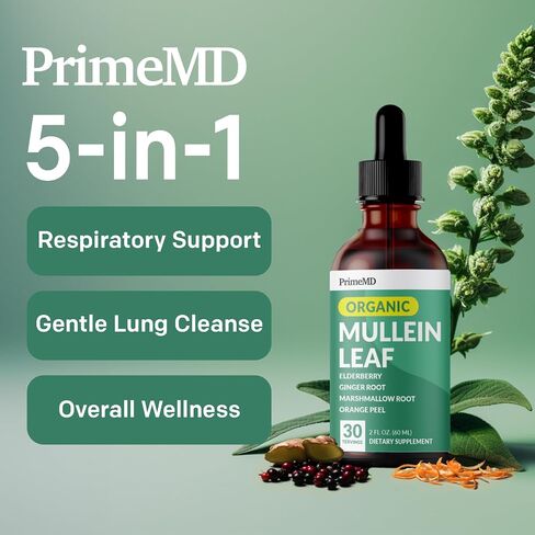 5-in-1 Mullein Drops for Lungs - Mullein Leaf Extract for Lungs Detox and Respiratory Lung Health - Mullein Tincture with Elderberry, Marshmallow & Ginger Root for Bronchial Support - 60 Servings in Saudi Arabia