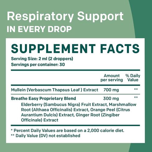 5-in-1 Mullein Drops for Lungs - Mullein Leaf Extract for Lungs Detox and Respiratory Lung Health - Mullein Tincture with Elderberry, Marshmallow & Ginger Root for Bronchial Support - 60 Servings in Saudi Arabia
