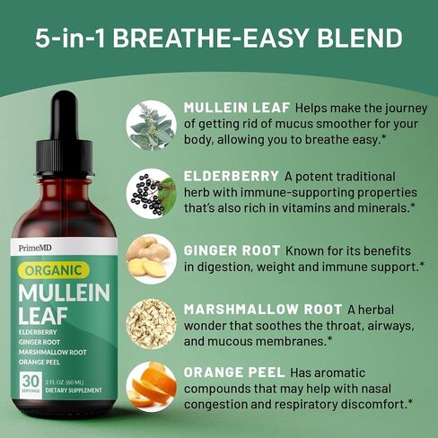 5-in-1 Mullein Drops for Lungs - Mullein Leaf Extract for Lungs Detox and Respiratory Lung Health - Mullein Tincture with Elderberry, Marshmallow & Ginger Root for Bronchial Support - 60 Servings in Saudi Arabia