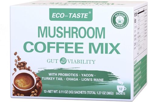 ECO-TASTE Mushroom Coffee Mix, Designed for Gut-Health with Chaga, Lion's Mane, Turkey Tail, Yacon and Probiotics – 12 Sachets in Saudi Arabia