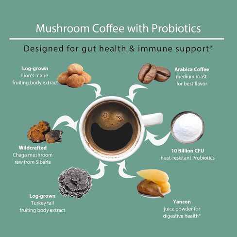 ECO-TASTE Mushroom Coffee Mix, Designed for Gut-Health with Chaga, Lion's Mane, Turkey Tail, Yacon and Probiotics – 12 Sachets in Saudi Arabia