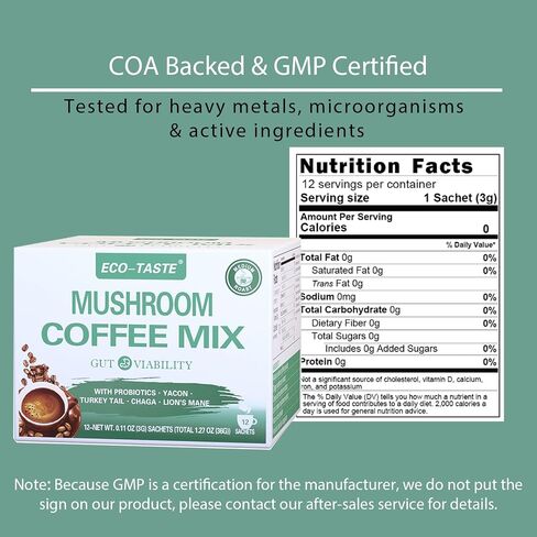 ECO-TASTE Mushroom Coffee Mix, Designed for Gut-Health with Chaga, Lion's Mane, Turkey Tail, Yacon and Probiotics – 12 Sachets in Saudi Arabia