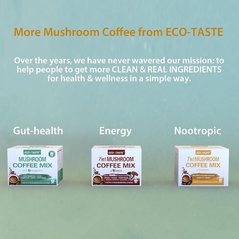 ECO-TASTE Mushroom Coffee Mix, Designed for Gut-Health with Chaga, Lion's Mane, Turkey Tail, Yacon and Probiotics – 12 Sachets in Saudi Arabia