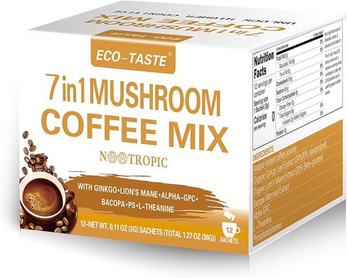 ECO-TASTE Mushroom Coffee Mix, Designed for Gut-Health with Chaga, Lion's Mane, Turkey Tail, Yacon and Probiotics – 12 Sachets in Saudi Arabia