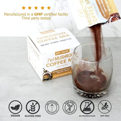 ECO-TASTE Mushroom Coffee Mix, Designed for Gut-Health with Chaga, Lion's Mane, Turkey Tail, Yacon and Probiotics – 12 Sachets in Saudi Arabia