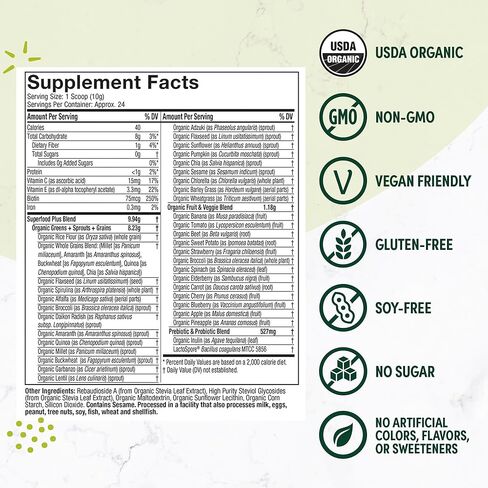 مزيج عصير مسحوق أخضر عضوي مستوحى بحتة، بدون نكهة (24 حصة) - البروبيوتيك لصحة الجهاز الهضمي مع سبيرولينا وكلوريلا لصحة الأمعاء - نباتي وخالي من الغلوتين in Kuwait