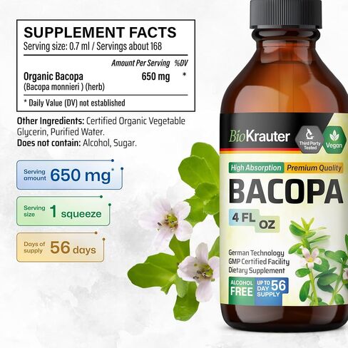 Bacopa Monnieri Organic Tincture - Cognitive Health Support Liquid Supplement - Organic Bacopa Herbal Extract - Alcohol & Sugar Free Vegan Drops 4 Fl.Oz. in Saudi Arabia