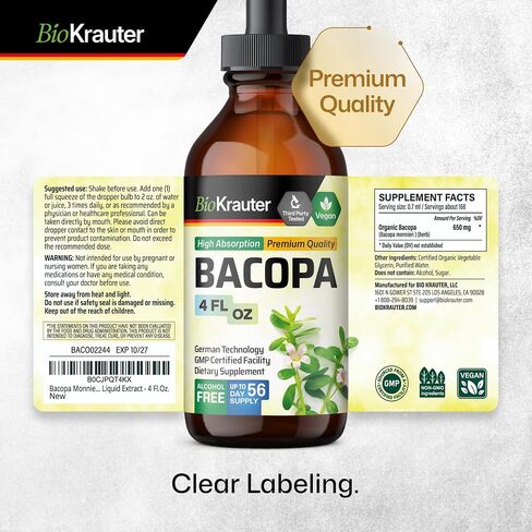Bacopa Monnieri Organic Tincture - Cognitive Health Support Liquid Supplement - Organic Bacopa Herbal Extract - Alcohol & Sugar Free Vegan Drops 4 Fl.Oz. in Saudi Arabia