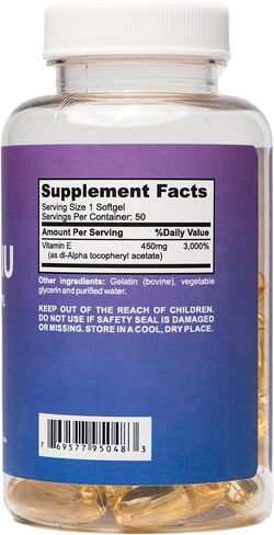 كبسولات فيتامين هـ 1000 وحدة دولية مكملة للكبسولات الطرية لمضادات الأكسدة والجلد والقلب والمناعة، تركيبة غير معدلة وراثيًا، تم تركيبها في الولايات المتحدة الأمريكية، 50 قطعة in Kuwait