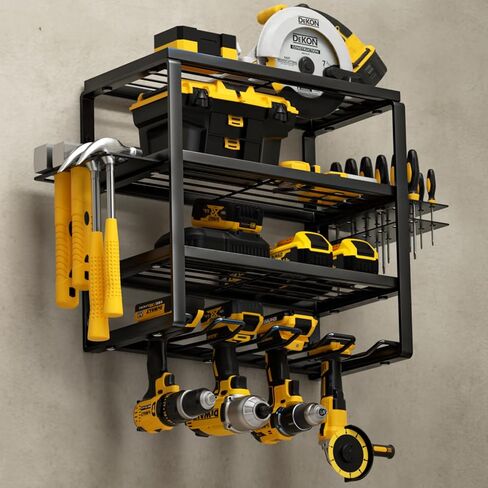 4 Layer Power Tool Organizer Wall Mount, Cordless Drill Hanger Storage Rack, Battery Tools Holder with Charging Station Shelf for Garage Organization, Workshop, Pegboard, Shed - 32 Inch 8 Slots in Kuwait