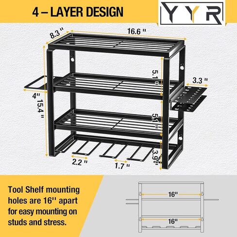 4 Layer Power Tool Organizer Wall Mount, Cordless Drill Hanger Storage Rack, Battery Tools Holder with Charging Station Shelf for Garage Organization, Workshop, Pegboard, Shed - 32 Inch 8 Slots in Kuwait