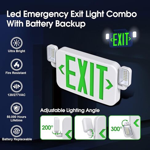 ضوء إشارة خروج الطوارئ LED كومبو مع اثنين من مصابيح الرأس القابلة للتعديل وبطارية احتياطية، إضاءة خروج الطوارئ التجارية ذات الحروف الخضراء القياسية الأمريكية، UL 924,120/277 فولت (عبوتان) in Kuwait