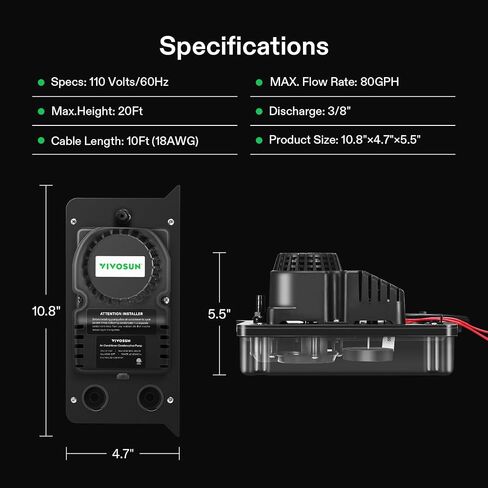 VIVOSUN Automatic Condensate Removal Pump with Transparent Base, 115 Volts/60Hz, 80GPH, 1/30 HP, Safety Switch and Tubing for Air Conditioners, Dehumidifiers, Ice Machines, and Furnaces in Saudi Arabia