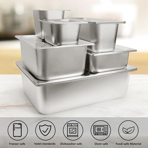6 Set Stainless Steel Hotel Pans 1/6 Size 4 Inch Deep With Lids, Anti-Jam Chafing Steam Table Pans, Catering Food Storage Metal Pan in Saudi Arabia