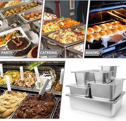 6 Set Stainless Steel Hotel Pans 1/6 Size 4 Inch Deep With Lids, Anti-Jam Chafing Steam Table Pans, Catering Food Storage Metal Pan in Saudi Arabia