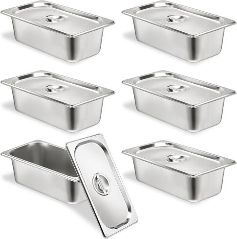6 Set Stainless Steel Hotel Pans 1/6 Size 4 Inch Deep With Lids, Anti-Jam Chafing Steam Table Pans, Catering Food Storage Metal Pan in Saudi Arabia