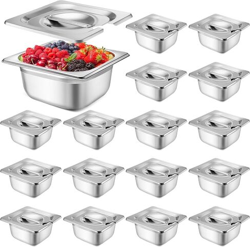 12 Pcs Stainless Steel Hotel Pan with Lids 1/6 Size Chafing Steam Table Pan Catering Pans with Notched Cover Commercial Stackable Metal Steamer Pan for Buffet Party Storage Food (2.6 Inch) in Saudi Arabia