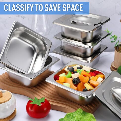 12 Pcs Stainless Steel Hotel Pan with Lids 1/6 Size Chafing Steam Table Pan Catering Pans with Notched Cover Commercial Stackable Metal Steamer Pan for Buffet Party Storage Food (2.6 Inch) in Saudi Arabia