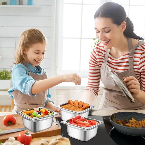 12 Pcs Stainless Steel Hotel Pan with Lids 1/6 Size Chafing Steam Table Pan Catering Pans with Notched Cover Commercial Stackable Metal Steamer Pan for Buffet Party Storage Food (2.6 Inch) in Saudi Arabia