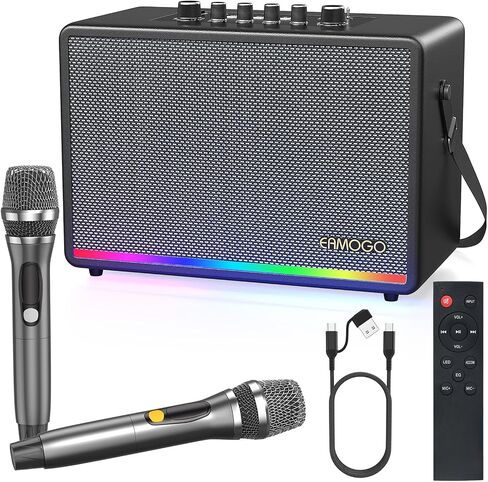 مكبر صوت بلوتوث المحمول مع 2 ميكروفونات لاسلكية | 70W Peak Deep Bass Birchwood Cabinet | نظام Bluetooth PA للتخييم في الهواء الطلق ، الفناء الخلفي | مصابيح LED ديناميكية ، USB/AUX/OTG ، بطارية قابلة للشحن (أسود) in Saudi Arabia