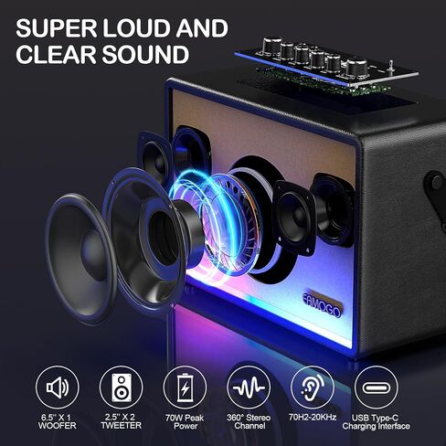 مكبر صوت بلوتوث المحمول مع 2 ميكروفونات لاسلكية | 70W Peak Deep Bass Birchwood Cabinet | نظام Bluetooth PA للتخييم في الهواء الطلق ، الفناء الخلفي | مصابيح LED ديناميكية ، USB/AUX/OTG ، بطارية قابلة للشحن (أسود) in Saudi Arabia