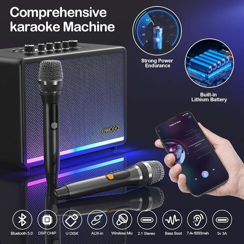مكبر صوت بلوتوث المحمول مع 2 ميكروفونات لاسلكية | 70W Peak Deep Bass Birchwood Cabinet | نظام Bluetooth PA للتخييم في الهواء الطلق ، الفناء الخلفي | مصابيح LED ديناميكية ، USB/AUX/OTG ، بطارية قابلة للشحن (أسود) in Saudi Arabia