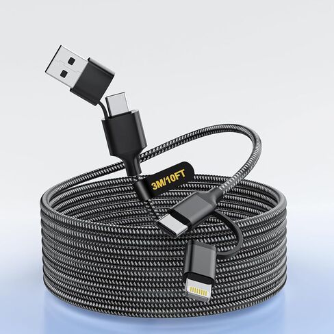 طوله 10 أقدام و 4 في 1 USB C/USB A إلى كبل شحن Lightning/Type C ، 3M 60W شاحن سريع ونقل البيانات iPhone Charger لـ Apple iPhone 14/13/11 ، iPad Pro ، Samsung ، LG ، Android ، Huawei ، Pixel-Black in Saudi Arabia