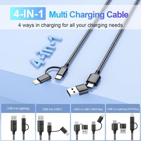 طوله 10 أقدام و 4 في 1 USB C/USB A إلى كبل شحن Lightning/Type C ، 3M 60W شاحن سريع ونقل البيانات iPhone Charger لـ Apple iPhone 14/13/11 ، iPad Pro ، Samsung ، LG ، Android ، Huawei ، Pixel-Black in Saudi Arabia