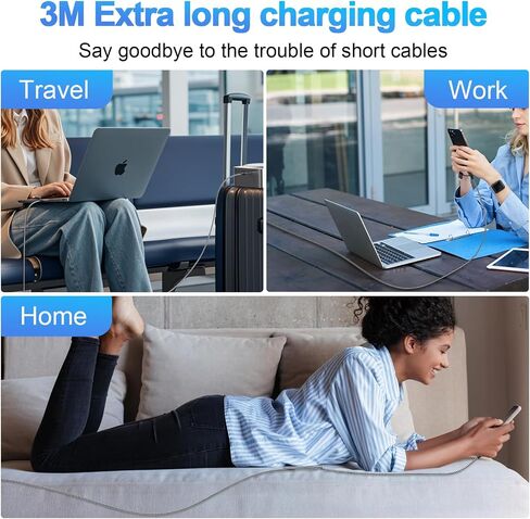 طوله 10 أقدام و 4 في 1 USB C/USB A إلى كبل شحن Lightning/Type C ، 3M 60W شاحن سريع ونقل البيانات iPhone Charger لـ Apple iPhone 14/13/11 ، iPad Pro ، Samsung ، LG ، Android ، Huawei ، Pixel-Black in Saudi Arabia
