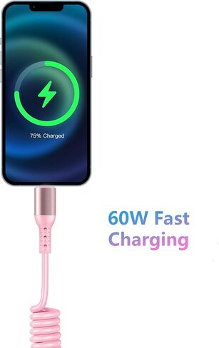 USB A to Lighting Cable 3ft 1pack, Coiled Cord for Car Short Type-C Retractable Cable for Phone 14 13 12 11 X Pro Max, Carplay Cord for Car (Pink) in Saudi Arabia