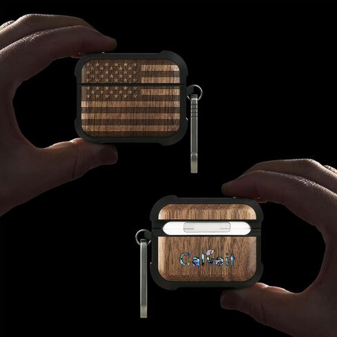 CARVEIT WOODEN CASE لـ AirPods Pro 2nd/1st Gen Case ، Wood Artisan Sengraved & TPU shockproof cover ، clasp Quick Quick titanium ، شحنات لاسلكية متوافقة (العلم الأمريكي) Walnut in Kuwait