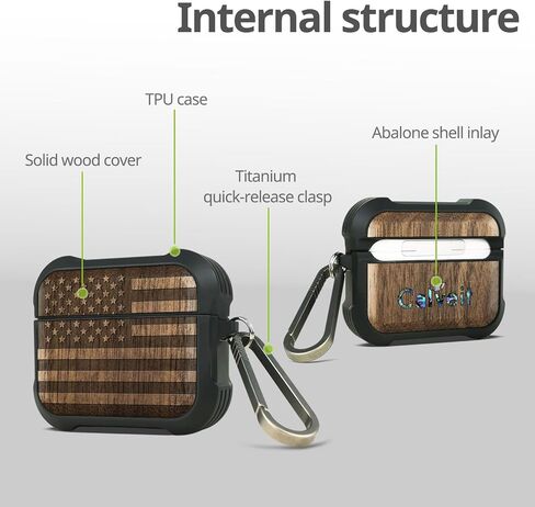 CARVEIT WOODEN CASE لـ AirPods Pro 2nd/1st Gen Case ، Wood Artisan Sengraved & TPU shockproof cover ، clasp Quick Quick titanium ، شحنات لاسلكية متوافقة (العلم الأمريكي) Walnut in Kuwait
