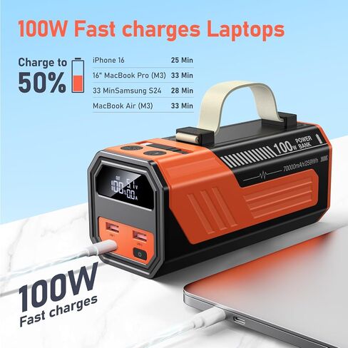 Laptop Power Bank,70,000mAh Portable Charger with 100W USB-C Ports, Built-in and Retractable Cables,100W Input, Fast Charging for MacBook Pro/Air/iPhone 16/iPad Pro/Galaxy S25 Ultra and More in Saudi Arabia