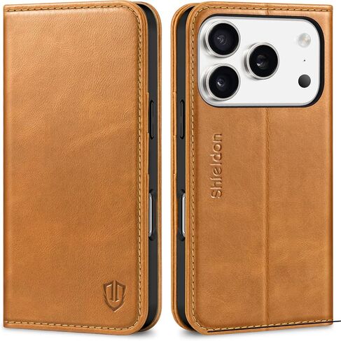 SHIELDON Genuine Leather Case Wallet Compatible with iPhone 17 Pro 6.3-inch | Book Desgin | RFID Blocking Credit Card Slots | Magnetic Closure | Shock Absorbing Phone Cover | 2025 | Retro Light Brown in Saudi Arabia