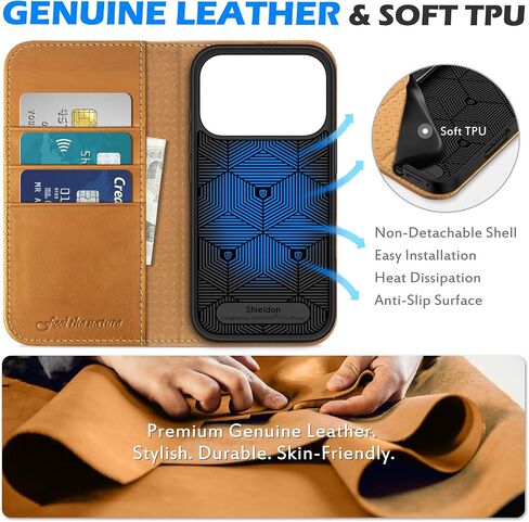 SHIELDON Genuine Leather Case Wallet Compatible with iPhone 17 Pro 6.3-inch | Book Desgin | RFID Blocking Credit Card Slots | Magnetic Closure | Shock Absorbing Phone Cover | 2025 | Retro Light Brown in Saudi Arabia