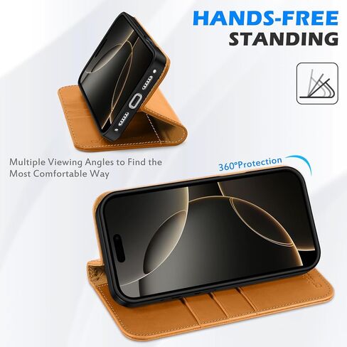 SHIELDON Genuine Leather Case Wallet Compatible with iPhone 17 Pro 6.3-inch | Book Desgin | RFID Blocking Credit Card Slots | Magnetic Closure | Shock Absorbing Phone Cover | 2025 | Retro Light Brown in Saudi Arabia