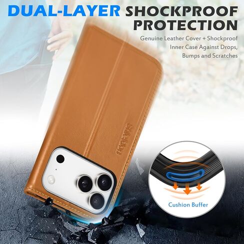 SHIELDON Genuine Leather Case Wallet Compatible with iPhone 17 Pro 6.3-inch | Book Desgin | RFID Blocking Credit Card Slots | Magnetic Closure | Shock Absorbing Phone Cover | 2025 | Retro Light Brown in Saudi Arabia