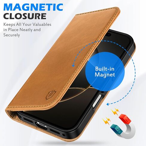 SHIELDON Genuine Leather Case Wallet Compatible with iPhone 17 Pro 6.3-inch | Book Desgin | RFID Blocking Credit Card Slots | Magnetic Closure | Shock Absorbing Phone Cover | 2025 | Retro Light Brown in Saudi Arabia