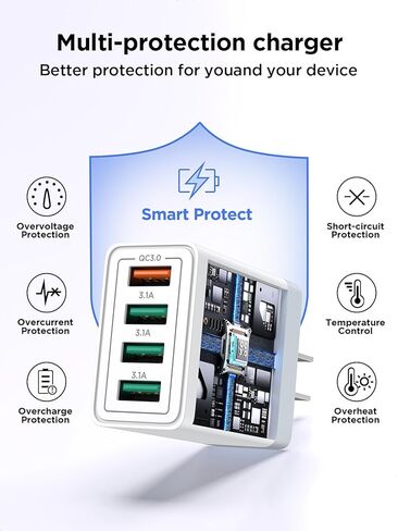 USB Wall Charger Block,Aioneus 40W 4-Port Charging Block,QC 3.0 Fast USB Wall Plug for iPhone Xs/XS Max/XR/X/8/7/6,Tablets,Charging Cube with Galaxy/Note/Edge,LG,Nexus,HTC,Google Pixel,and More in Kuwait