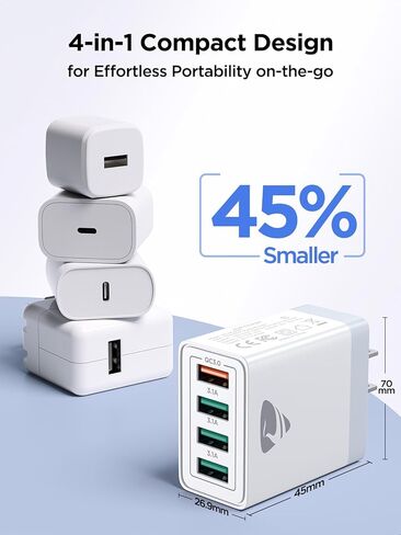 USB Wall Charger Block,Aioneus 40W 4-Port Charging Block,QC 3.0 Fast USB Wall Plug for iPhone Xs/XS Max/XR/X/8/7/6,Tablets,Charging Cube with Galaxy/Note/Edge,LG,Nexus,HTC,Google Pixel,and More in Kuwait