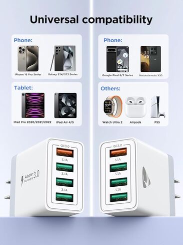 USB Wall Charger Block,Aioneus 40W 4-Port Charging Block,QC 3.0 Fast USB Wall Plug for iPhone Xs/XS Max/XR/X/8/7/6,Tablets,Charging Cube with Galaxy/Note/Edge,LG,Nexus,HTC,Google Pixel,and More in Kuwait