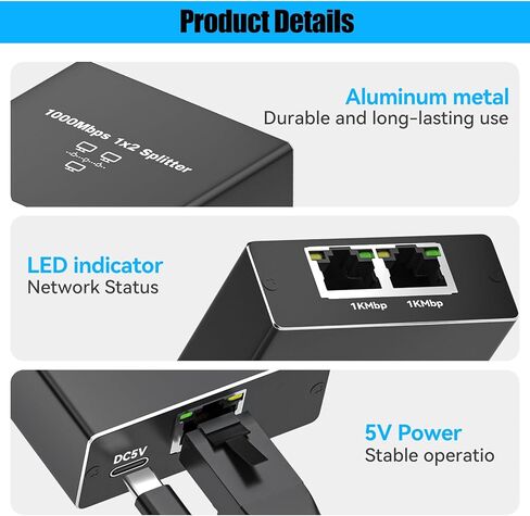 Ethernet Splitter 1 إلى 2 السرعة العالية 1000 ميجابت في الثانية RJ45 محول النقر على الإنترنت Gigabit Ethernet Tap- شبكة النقر مع سلك الطاقة USB ، لكأس Cat 5/5/6/7/8 [أجهزة 2 متصلة في وقت واحد] in Kuwait