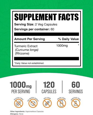 BulkSupplements.com Turmeric Extract Capsules - Turmeric Supplement, Turmeric Curcumin Supplement 1000mg - Gluten Free, 2 Capsules per Serving, 120 Veg Capsules (Pack of 1) in Saudi Arabia
