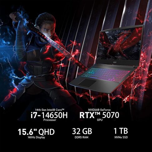MSI KATANA HX Gaming Maming Captop ، 15.6 "165Hz QHD IPS Display ، 16-Core I7-14650HX (حتى 5.2 GHz ، Geforce RTX 5070 ، AI & VR Ready ، Copilot+ PC ، RGB Backlit Keyboard ، Win 11 Pro ، Black (32GB DDR5 | 1TB SSD) in Saudi Arabia