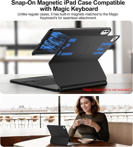 علبة متوافقة مع Magic-Keyboard لـ iPad Pro-13 Inch M4 2024 ، تغطية للمتانة Smart Magickeyboard Folio Slim ، مع سطح جلدي متين ، (لوحة مفاتيح غير متضمنة) ، أسود in Kuwait