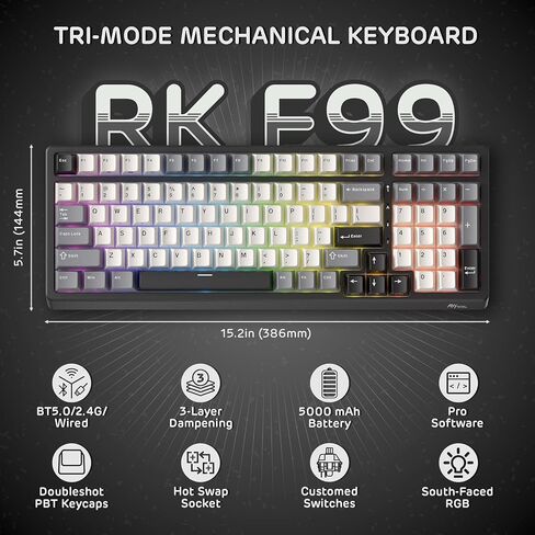 RK Royal Kludge F99 لوحة المفاتيح الميكانيكية اللاسلكية مع لوحة العدد ، Tri-Mode Hot Swappable 95 ٪ 100 مفاتيح لوحة مفاتيح الألعاب BT/2.4G/USB-C ، برامج PRO ، بطارية 5000 مللي أمبير في الساعة ، مفاتيح اللمس المخصصة in Saudi Arabia