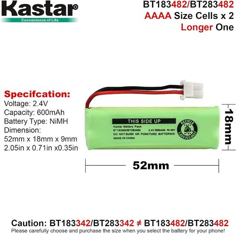 Kastar 4Pack BT183482 / BT283482 Cordless Phone Battery Ni-MH 2.4V 600 mAh Replacement for Vtech LS6475-3 Vtech DS6401 DS6421 DS6422 DS6472 LS6405 LS6425 LS6426 LS6476 Vtech 89-1348-01-00 DECT Handset in Saudi Arabia