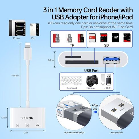 قارئ بطاقة Samzhe SD لقارئ بطاقة ذاكرة iPhone مع سد محول كاميرا USB وقم بتشغيل عارض بطاقة Trail Digital Trail Camer in Kuwait