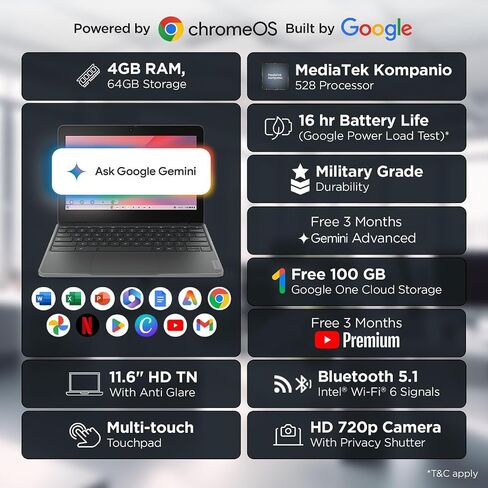 Lenovo 100e Chromebook Gen 4 82W0001FUS 11.6" Chromebook - HD - Octa-core (ARM Cortex A76 + Cortex A55) - 8 GB - 64 GB Flash Memory - English Keyboard - Graphite Gray in Saudi Arabia
