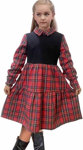 LuckyShe Girls Plaid Dress Belt Long Sleeve Buffalo Check Black White/Red Flannel Dresses for Kids in Saudi Arabia